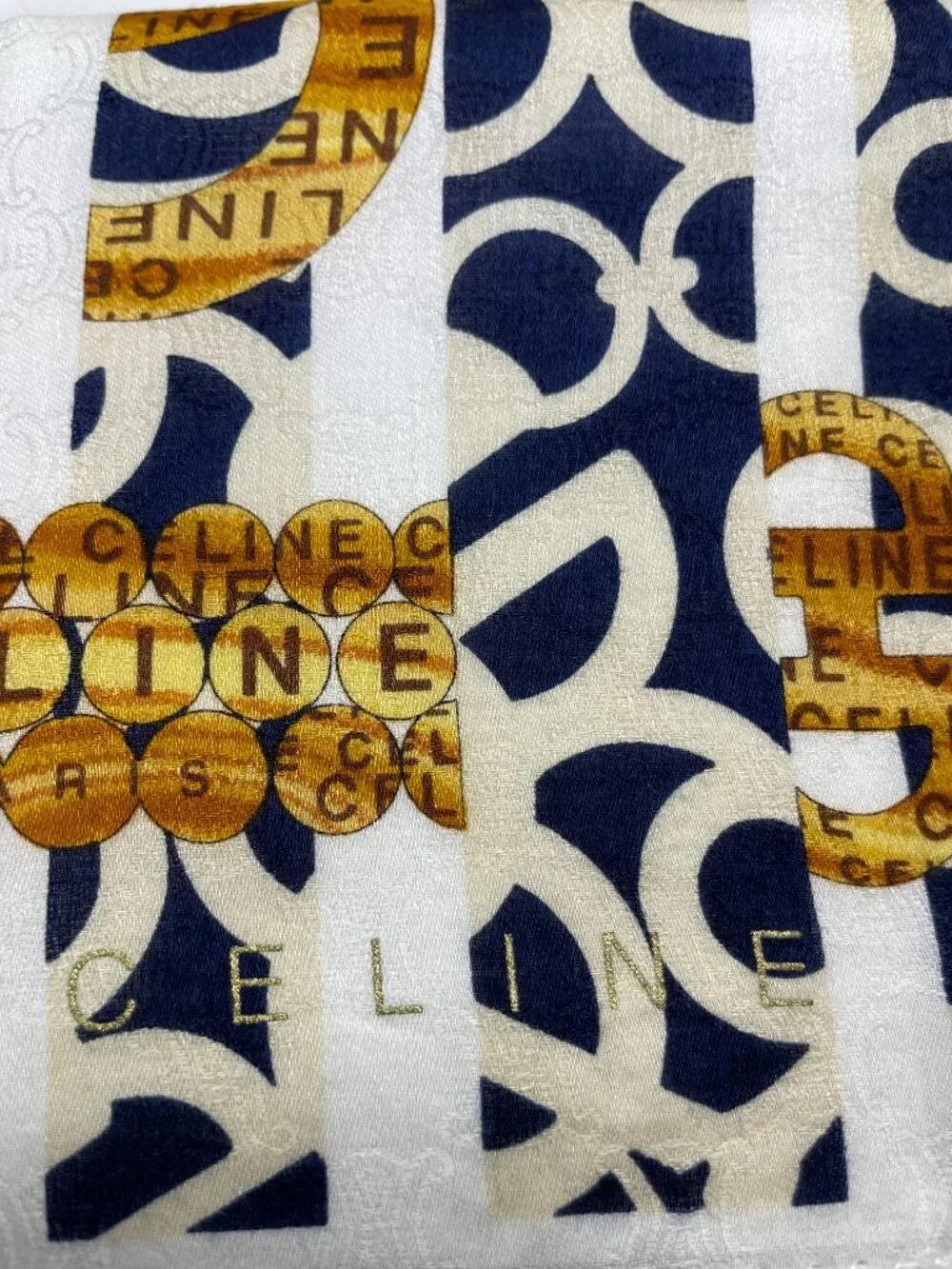 Celine Vintage Cotton Scarf Navy Ivory Gold Logo Stripe Print 22” - Picture 13 of 13